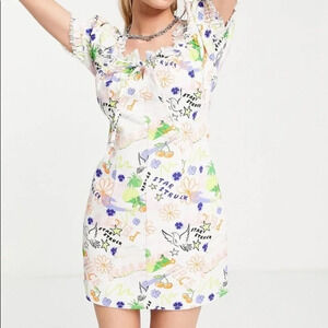 ASOS DESIGN square neck twill mini dress in bright peace print